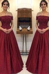 Maroon Off-the-Shoulder Applique Prom Dresses Charming Beads Ruffles Sleeveless Chic Evening Dresses-Dbrbridal