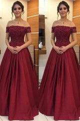 Maroon Off-the-Shoulder Applique Prom Dresses Charming Beads Ruffles Sleeveless Chic Evening Dresses-Dbrbridal