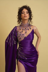 Mermaid Evening Prom Dress: High Neck with Split Beadings and Ruffles Purple-Dbrbridal
