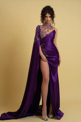 Mermaid Evening Prom Dress: High Neck with Split Beadings and Ruffles Purple-Dbrbridal