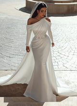 Mermaid Fitted Beading Wedding Dresses Long Sleeves-Dbrbridal