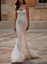 Mermaid Fitted Sleeveless Sweep Train Sequined Wedding Dress-Dbrbridal