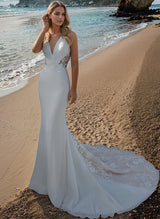 Mermaid Fitted V-Neck Lace Elastic Satin Wedding Dresses-Dbrbridal