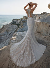 Mermaid Fitted V-Neck Lace Elastic Satin Wedding Dresses-Dbrbridal
