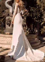 Mermaid Fitted V-Neck Long Sleeves Sweep Train Lace Elastic Satin Wedding Dresses-Dbrbridal