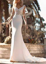 Mermaid Fitted V-Neck Long Sleeves Sweep Train Lace Elastic Satin Wedding Dresses-Dbrbridal