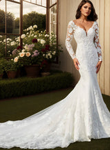 Mermaid Fitted V-Neck Long Sleeves Sweep Train Lace Wedding Dresses-Dbrbridal