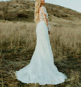 Mermaid Fitted V-neck Long Sleeves Tulle Lace Sweep Train Wedding Dress Appliques Lace-Dbrbridal