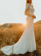 Mermaid Fitted V-neck Long Sleeves Tulle Lace Sweep Train Wedding Dress Appliques Lace-Dbrbridal