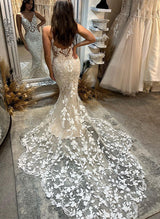 Mermaid Fitted V-Neck Sleeveless Court Train Lace Wedding Dresses-Dbrbridal