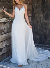Mermaid Fitted V-Neck Sleeveless Sweep Train Wedding Dresses Appliques Lace-Dbrbridal