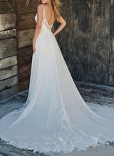 Mermaid Fitted V-Neck Sleeveless Sweep Train Wedding Dresses Appliques Lace-Dbrbridal