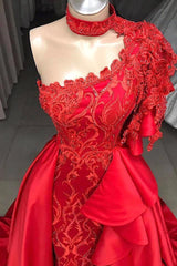 Mermaid High Neck One Shoulder Long Half Sleeve Appliques Lace With Side Train Prom Dresses-Dbrbridal