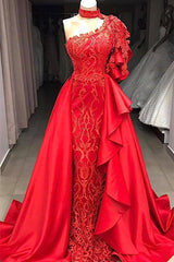 Mermaid High Neck One Shoulder Long Half Sleeve Appliques Lace With Side Train Prom Dresses-Dbrbridal