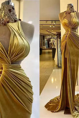 Mermaid High Neck Ruffles Sleeveless Long Rhinestone High Split Prom Dresses-Dbrbridal