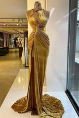 Mermaid High Neck Ruffles Sleeveless Long Rhinestone High Split Prom Dresses-Dbrbridal