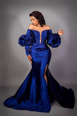 Mermaid High Split Strapless Bubble Sleeves Long Prom Dresses-Dbrbridal