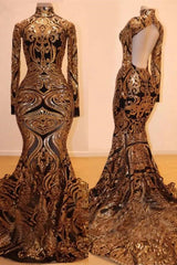 Mermaid Prom Dress Gold Appliques Open Back Long Sleeves-Dbrbridal
