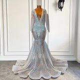 Mermaid Prom Dress with Deep V-Neck Long Sleeves Beadings-Dbrbridal