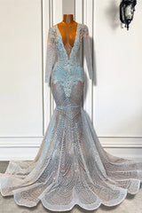 Mermaid Prom Dress with Deep V-Neck Long Sleeves Beadings-Dbrbridal