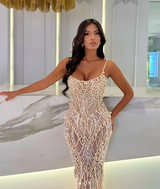 Mermaid Prom Dress with Spaghetti Straps and Sleeveless Design adorned with Beadings and Pearls-Dbrbridal