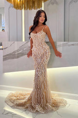 Mermaid Prom Dress with Spaghetti Straps and Sleeveless Design adorned with Beadings and Pearls-Dbrbridal
