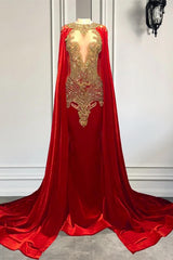 Mermaid Prom Dresses with Red Scoop Neckline and Beadings Cape-Dbrbridal