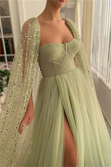 Mermaid Strapless Lace Sequins Sleeveless Long With Shawl High Split Prom Dresses-Dbrbridal