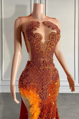 Mermaid Style Burnt Orange Sequins Prom Dress with Side Slit Long Length Beadings and Feathers-Dbrbridal