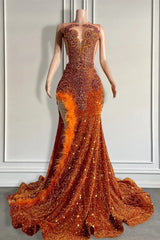 Mermaid Style Burnt Orange Sequins Prom Dress with Side Slit Long Length Beadings and Feathers-Dbrbridal
