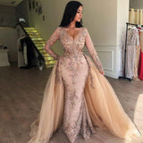 Mermaid V-Neck Long Sleeves Appliques Prom Dresses with Detachable Skirt-Dbrbridal