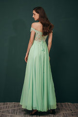 Mint Green Chiffon Sheer Off-the-shoulder Lace Evening Party Gowns-Dbrbridal