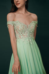 Mint Green Chiffon Sheer Off-the-shoulder Lace Evening Party Gowns-Dbrbridal
