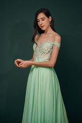 Mint Green Chiffon Sheer Off-the-shoulder Lace Evening Party Gowns-Dbrbridal