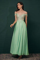 Mint Green Chiffon Sheer Off-the-shoulder Lace Evening Party Gowns-Dbrbridal