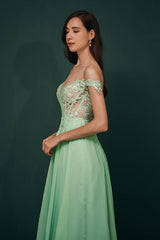 Mint Green Chiffon Sheer Off-the-shoulder Lace Evening Party Gowns-Dbrbridal