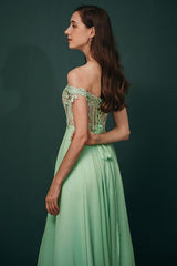 Mint Green Chiffon Sheer Off-the-shoulder Lace Evening Party Gowns-Dbrbridal