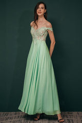 Mint Green Chiffon Sheer Off-the-shoulder Lace Evening Party Gowns-Dbrbridal