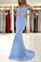Modern Blue Off-the-shoulder Mermaid Prom Dresses With Lace-Dbrbridal