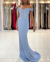 Modern Blue Off-the-shoulder Mermaid Prom Dresses With Lace-Dbrbridal