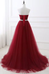 Modern Burgundy Long Prom Dress Tulle Crystal Evening Gown Sweetheart-Dbrbridal