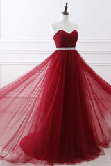 Modern Burgundy Long Prom Dress Tulle Crystal Evening Gown Sweetheart-Dbrbridal