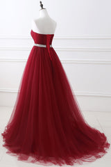Modern Burgundy Long Prom Dress Tulle Crystal Evening Gown Sweetheart-Dbrbridal