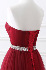Modern Burgundy Long Prom Dress Tulle Crystal Evening Gown Sweetheart-Dbrbridal