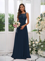 Modern Chiffon Applique Square Sleeveless Bridesmaid Dresses-Dbrbridal