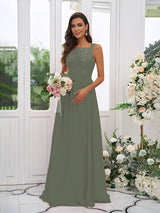 Modern Chiffon Applique Square Sleeveless Bridesmaid Dresses-Dbrbridal