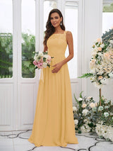 Modern Chiffon Applique Square Sleeveless Bridesmaid Dresses-Dbrbridal