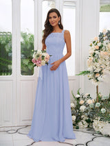Modern Chiffon Applique Square Sleeveless Bridesmaid Dresses-Dbrbridal
