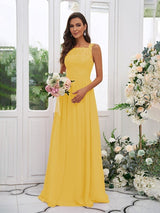 Modern Chiffon Applique Square Sleeveless Bridesmaid Dresses-Dbrbridal