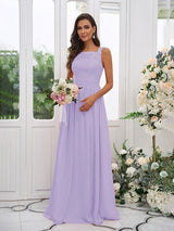 Modern Chiffon Applique Square Sleeveless Bridesmaid Dresses-Dbrbridal